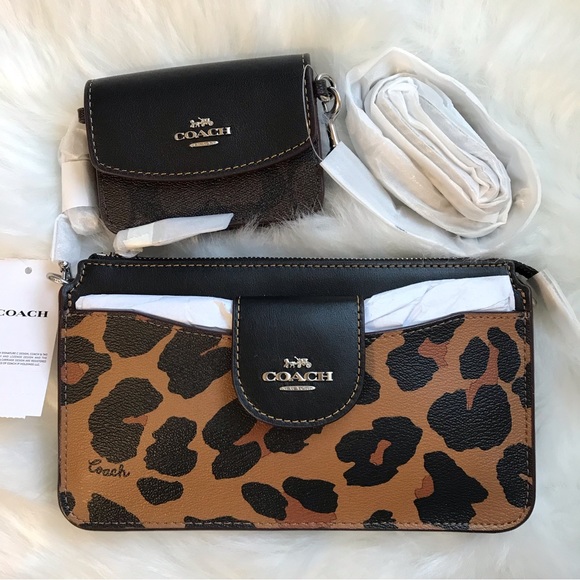 🐆Coach Poppy Crossbody With Card Case With Leopard Print And Signature Canvas - Picture 7 of 14